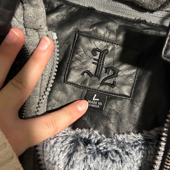 Black Faux Leather Jacket with Grey Hood - Picture 4 of 4